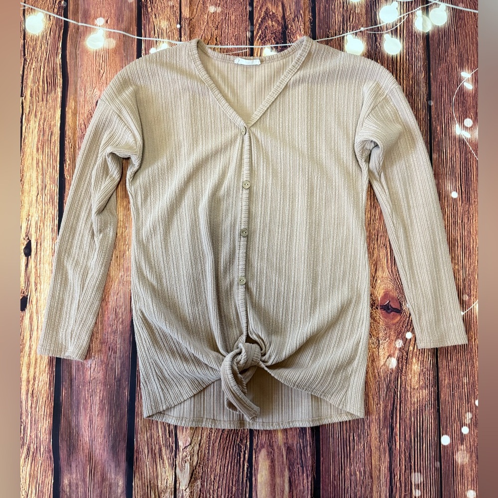 First Love Tan Ribbed Knit Top. Size medium